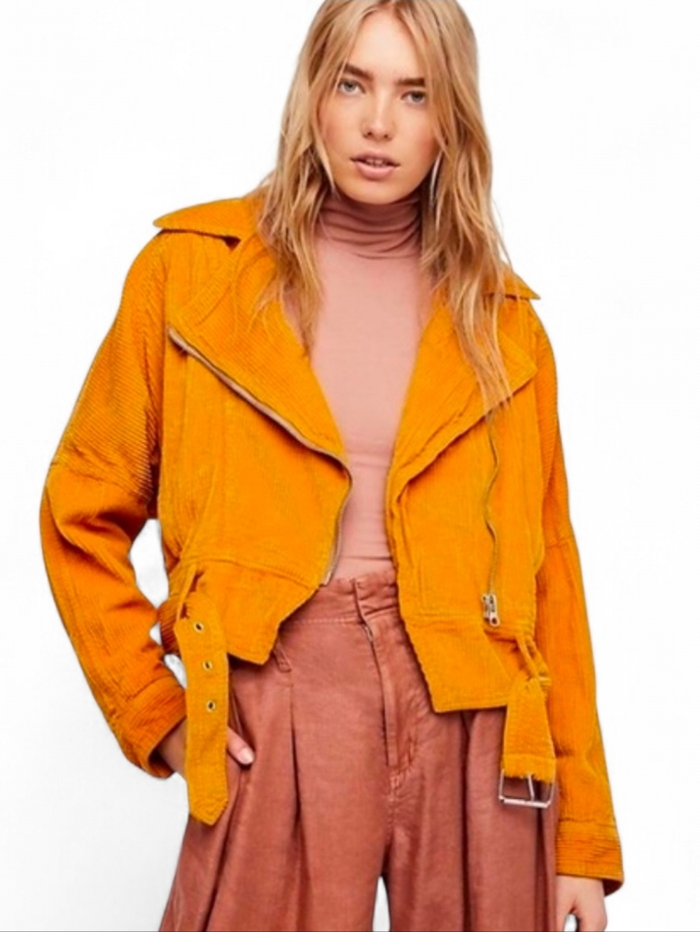 FREE PEOPLE Orange Boho Slouchy Corduroy Moto  Belted Jacket - Large